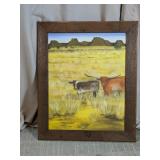 Longhorn Cattle Landscape Framed Painting