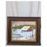 Framed Signed Winter Farm Landscape Painting