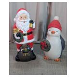 Set of 2 Holiday Santa & Penguin Statues