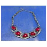 Textured Silver Tone Red Stone Teardrop Necklace