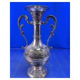 Ornate Silver-Tone Two-Handled Metal Vase