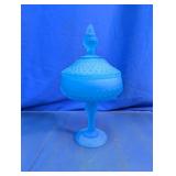 Blue Satin Glass Covered Pedestal Candy Dish