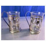 Vintage Metal Floral Glass Tea Cups Duo