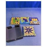 Vtg Hand-Painted Resin Fruit Coasters w/ Caddy