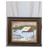 Framed Signed Winter Farm Landscape Painting