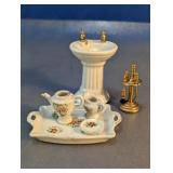 Miniature Ceramic Sink, Tea Set & Fireplace Tools