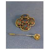 Floral Mosaic Brooch & Rose Stick Pin