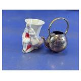 Vtg Porcelain Figurative Vase & Metal Teapot Duo