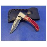 Damascus Folding Knife w/ Leather Sheath