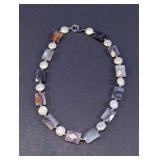 MOP, Banded Quartz & Sterling  Beaded Necklace