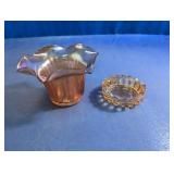Vintage Marigold Carnival Glass Vase & Dish Duo