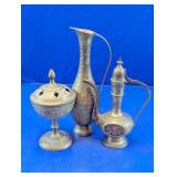 Etched Brass Ewer & Decorative Vessel Set