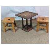 Wood Pedestal Side Table & Stools