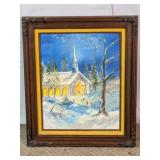 Signed Winter Village Church Framed Oil Painting