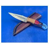 Damascus Steel Fixed Blade Knife w/ Leather