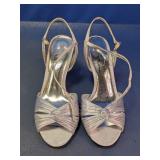 Touch of Nina Silver Satin Knotted Wedge Heels