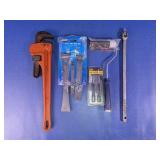 Assorted Hand Tools, Pry Bar Set & Pipe Wrench