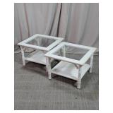 White Faux Bamboo Glass Top End Tables Duo