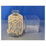 Clear Square Glass Cube & Macrame Vase Set