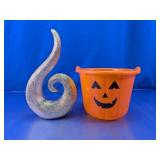 Silver Glass Swirl Sculpture & Pumpkin Bucket Duo