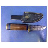 Damascus-Style Hunting Knife & Leather Sheath