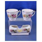 Vtg Porcelain Floral Toothpick Holder & Cups