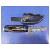 Damascus-Style Hunting Knife & Leather Sheath