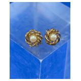 Vintage Gold-Plated Swirl Faux Pearl Stud Earrings