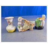Floral Vase, Cherub Shoe & Bucket Lady Figurines