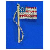 Gold-Tone Rhinestone US Flag Brooch Pin
