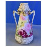 Ornate Porcelain Floral Rose Two-Handled Vase