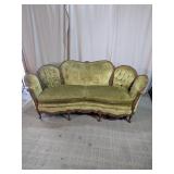Ornate Carved Wood Green Velvet Upholstered Sofa