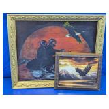Vtg Motorcycle & Bald Eagle Framed Wall Art Duo