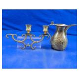 Brass Candelabra & Embossed Saudi Pitcher Duo