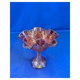 Amber Carnival Glass Ruffled Pedestal Bowl
