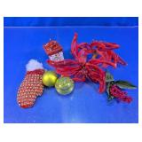 Assorted Red & Gold Christmas Ornaments & Picks