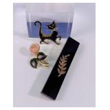 Vtg. Brooch Lot: Enamel Cat, Floral & Bar Pins