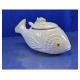 Vtg. Iridescent Ceramic Fish Soup Tureen & Ladle