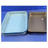 Blue Speckled Enamelware and Gray Baking Pans