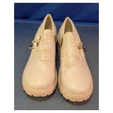 Beige Tweed Block Heel Loafers