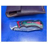 Damascus Style Folding Knife with Leather Sheath