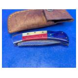 Damascus Style Folding Knife with Leather Sheath