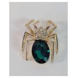 Spider Brooch Gold Tone Green Crystal Pin