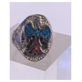 Thunder Bird Ring Turquoise, Coral Size 12 Navajo
