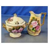 Floral Covered Sugar Bowl, Spoon & Pitcher Set