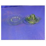 Green Glass Citrus Juicer & Floral Saucer Set