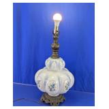 Blue Floral Milk Glass Table Lamps Pair