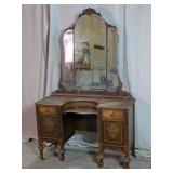 Vintage Wood Vanity Desk w/ Triptych Mirror