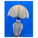 Vtg Woven Rattan & Metal Table Lamp