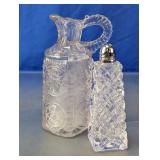 Vtg Cut Pressed Glass Pitcher & Salt Shaker Set